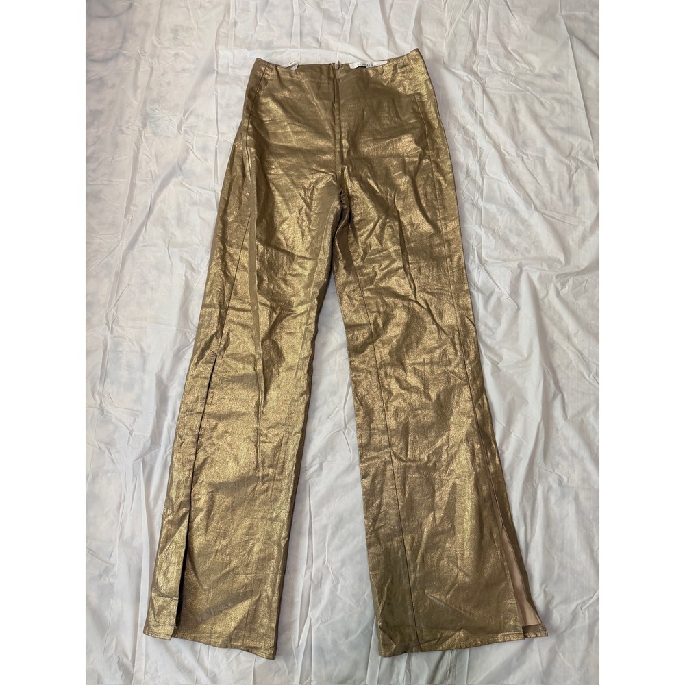 Love + Friends Metallic‎ Gold High Waisted Flare Pants Women's Size M Side Slits